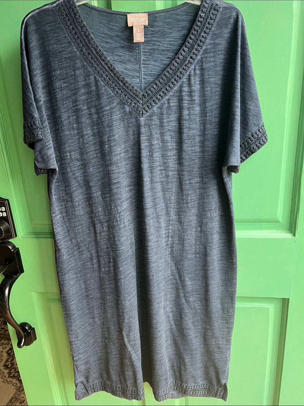 Chico's Blue V-Neck Midi Dress with Crochet Trim -Size 1/ Large